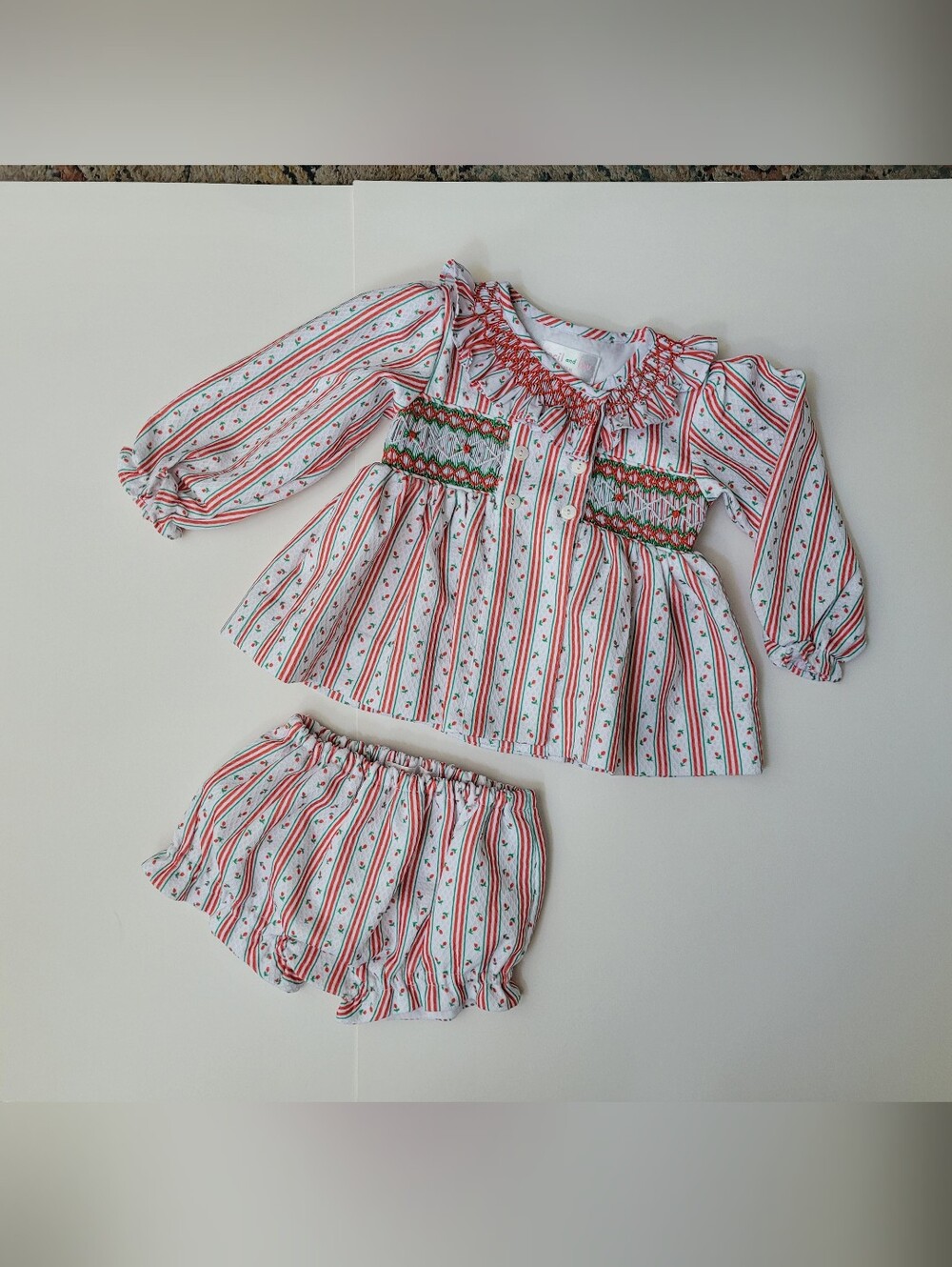 Girls Cecil and Lou Striped Smocked Set in Red White Green Tulip Rose Christmas